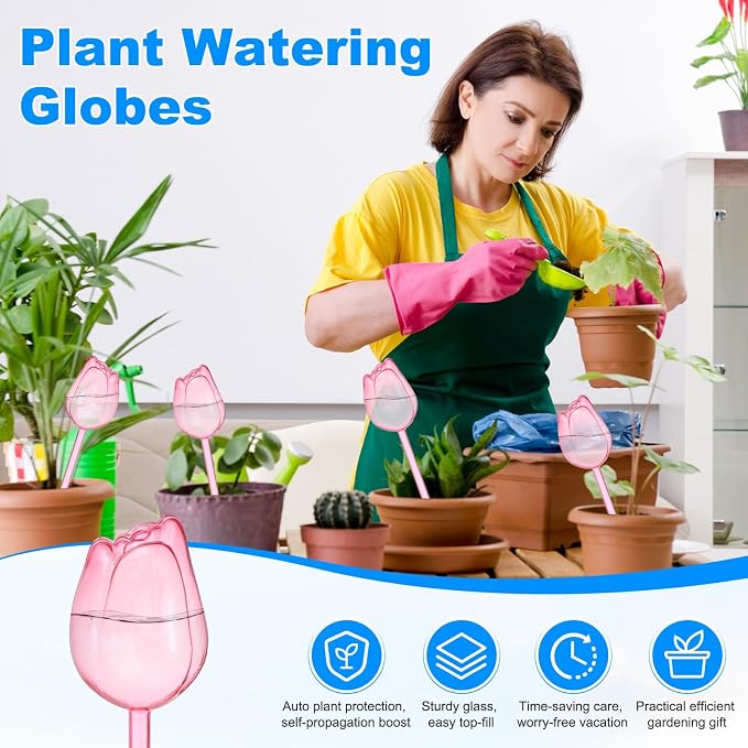 M METERXITY 4-Pack Plant Watering Globes, 9.4 Inch Plastic Self Watering Planter Insert for Indoor/Outdoor Plants, Self Water Devices [Pink]