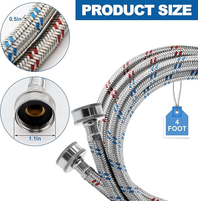 Washing Machine Hoses,Stainless Steel Washing Machine Hose 4ft -2 Packs Braided Premium Washer Hoses Supply Lines-washer hoses 4ft Hot and Cold Striped Water Connection