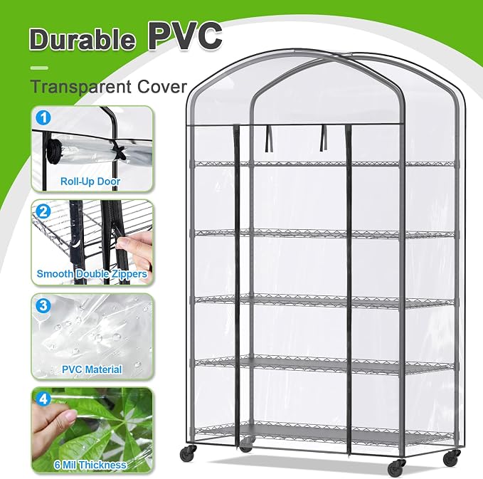 5-Tier Greenhouse with Caster Wheel, Each Shelf Height Adjustable Metal Plant Shelf with PVC Cover for Seed Starting Trays, Seedling Pots, Plant Pots, 21x49x80inch