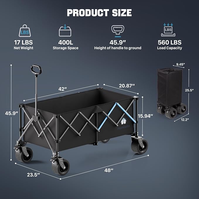 48" XL Collapsible Wagon Cart, 400L Heavy Duty Folding Wagon with All-Terrain Wheels, 560 lbs Capacity Utility Wagon for Camping, Garden, Sports, Beach and Shopping