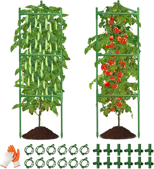 2 Pack Large Tomato Cage for Garden Up to 49" H X 16" W Metal Plant Support Stakes with Clips Triangle Pea Cages Cucumber Trellis for Vegetables Pots Vines Flowers Climbing Plants