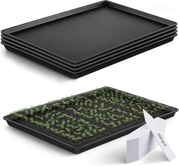 Feekoon 4 Pack Extra Large Plant Saucer Growing Tray - 34" x 22"Seed Starting Trays - Each Fits 3×1020 Trays (Holds 12 Total), Thick Reusable Flats with 100 PVC Plant Labels, Bottom Watering