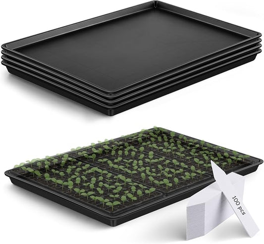 Feekoon 4 Pack Extra Large Plant Saucer Growing Tray - 34" x 22"Seed Starting Trays - Each Fits 3×1020 Trays (Holds 12 Total), Thick Reusable Flats with 100 PVC Plant Labels, Bottom Watering