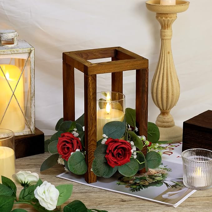 18 Pcs Wedding Wooden Lantern Centerpiece - Rustic Wooden Candle Lantern with Rose Candle Rings Wreaths LED Candles for Valentine Wedding Party Country Farmhouse Table Decor