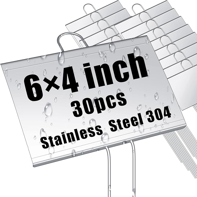 Landhoow 30 Pcs Large Garden Plant Markers Metal Plant Labels Sign 6'' x 4'' with 11'' Stake Weatherproof Waterproof Garden Sign for Outdoor Seedlings Herbs Vegetable Greenhouse, Silver