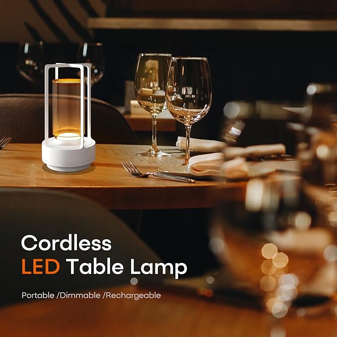 HAPYGI Portable Metal Table Lamp for Indoor/Outdoor,Rechargeable Cordless LED Lamp, 3-Colour Infinitely Dimming Battery Powered Small Desk Lamp, Restaurant/Bedroom/Bar/Coffee/Camping Light (White)
