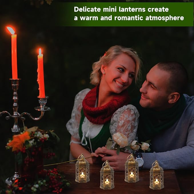 LLQ Mini Lantern with LED Candle, 12PCS Small Lanterns Decorative Indoor, Vintage Moroccan Lights for Halloween Decorations, Hanging Ornaments for Christmas, Table Centerpiece, Boho Wedding Decor