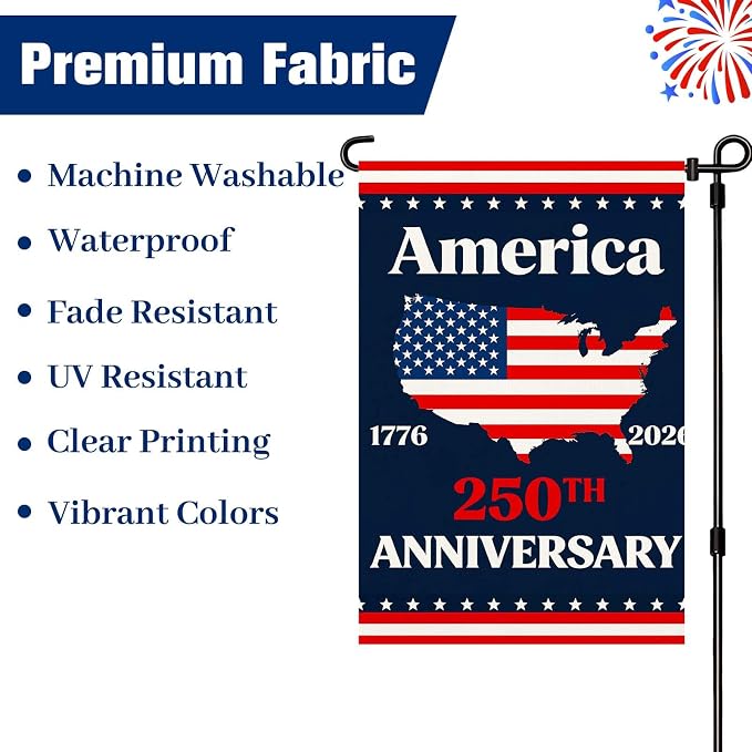 250 Anniversary USA Garden Flag, Double Sided Waterproof Patriotic America Map Flag 1776–2026, Outdoor Yard Decor 12x18