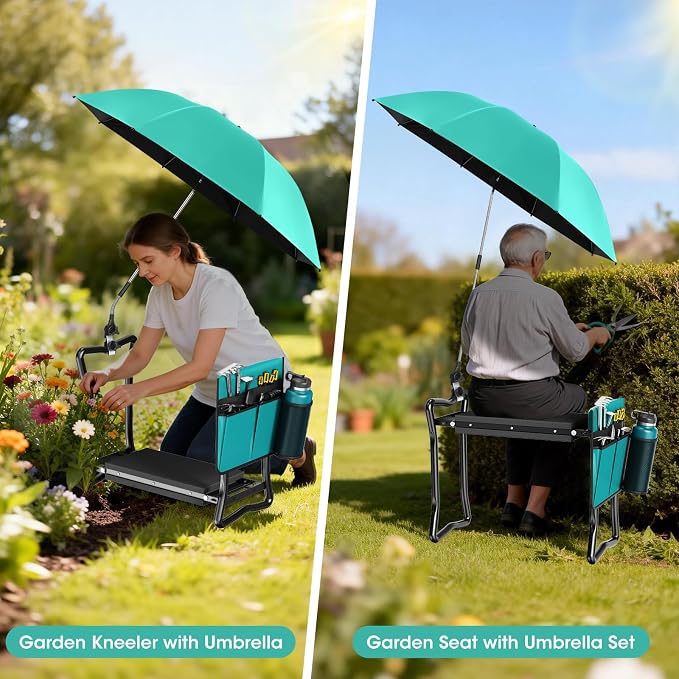 2-in-1 Garden Kneeler with Umbrella, Garden Kneeling Bench & Aqua Umbrella, Portable Garden Stool Loads Capacity 330lb and Garden Tools Bag with bottle holder, Gardening Gifts for Women,Men,Seniors