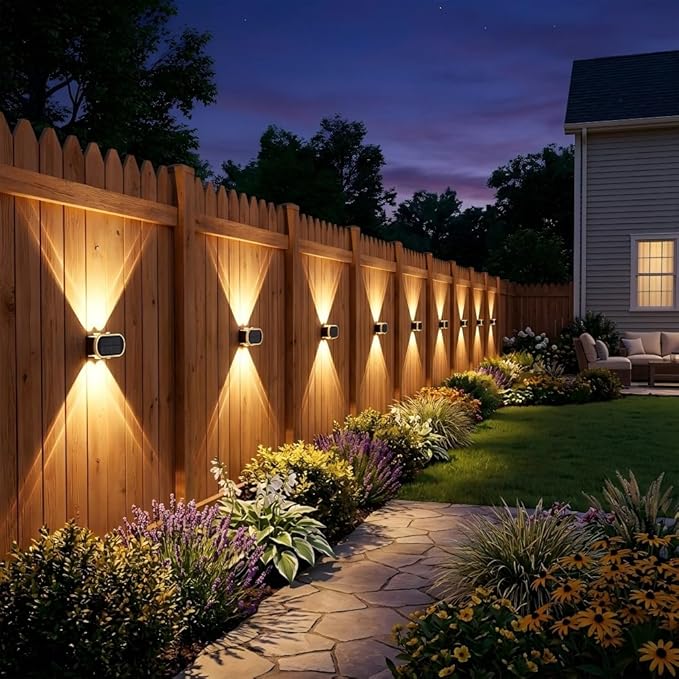 Ellasay Fence Lights Solar Powered: Outdoor LED Wall Lighting Dual Beam and 3 Color Modes IP65 Waterproof 12H Long Lasting Easy Mount for Garden Patio Backyard 4 Pack