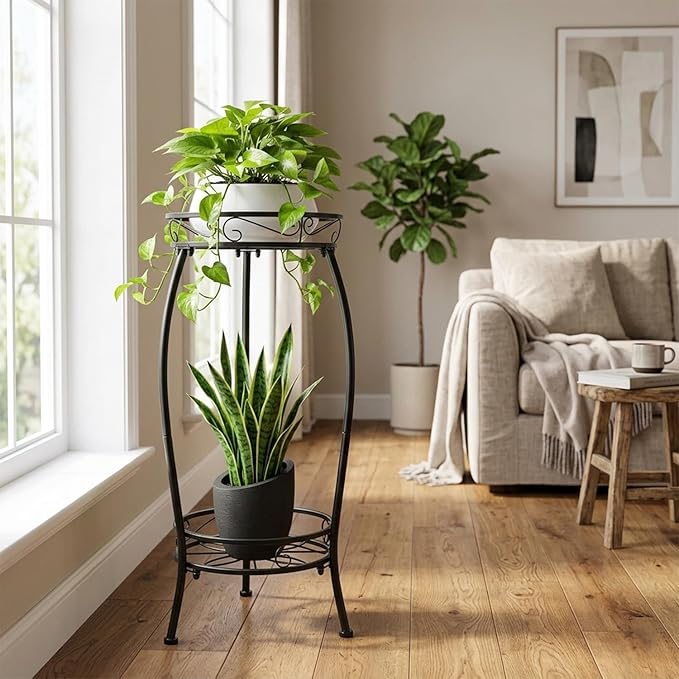 Plant Stand Indoor Outdoor 27.1'', 2 Tier Tall Metal Plant Stands, Heavy Duty Rustproof Corner Flower Potted Rack for Planter Holder Home Patio Balcony Garden -Black