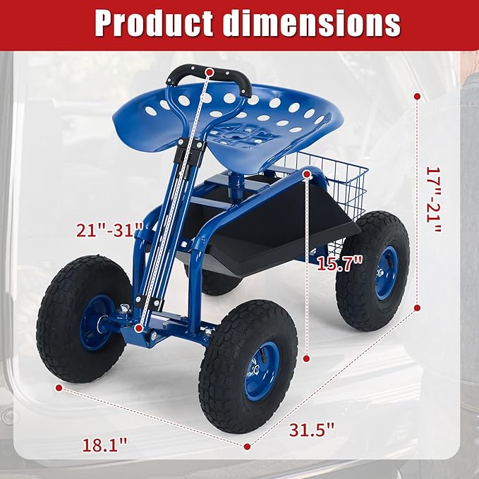 Rolling Garden Cart Workseat with Wheels, 360 Degree Swivel Gardening Stool, Extendable Steering Handle, Tool Tray, 10-Inch Inflatable Tires, Reinforced Steel Frame