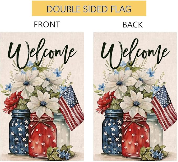 4th of July Floral Garden Flag 12x18 Vertical Double Sided Patriotic Mason Jar Flowers Red Blue Memorial Day Independence Day Holiday Outside Decorations Burlap Yard Flag BW321
