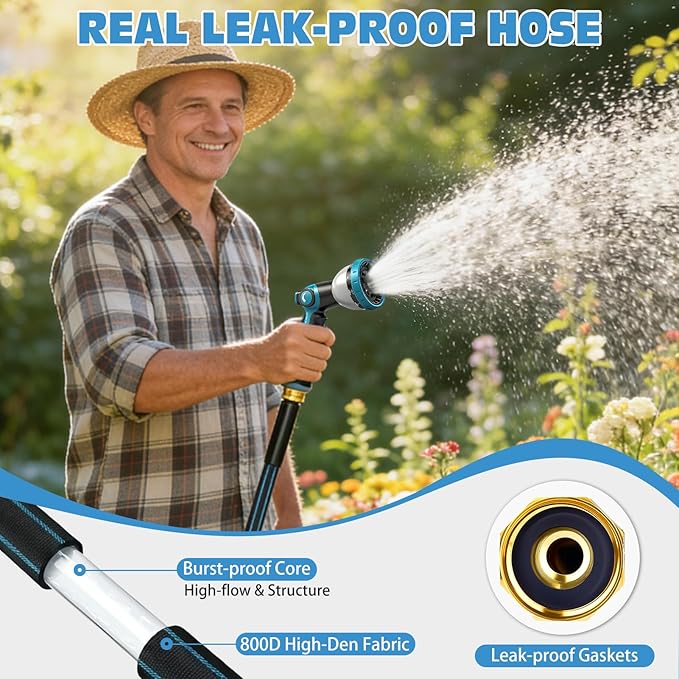 Halfjuly Garden Hose 25FT, Flat Non-Expandable Lightweight Water Hose, Durable Flexible Heavy Duty No Kink Design with 3/4" Fittings, 10 Way Spray Nozzle for Outdoor Yard Lawn