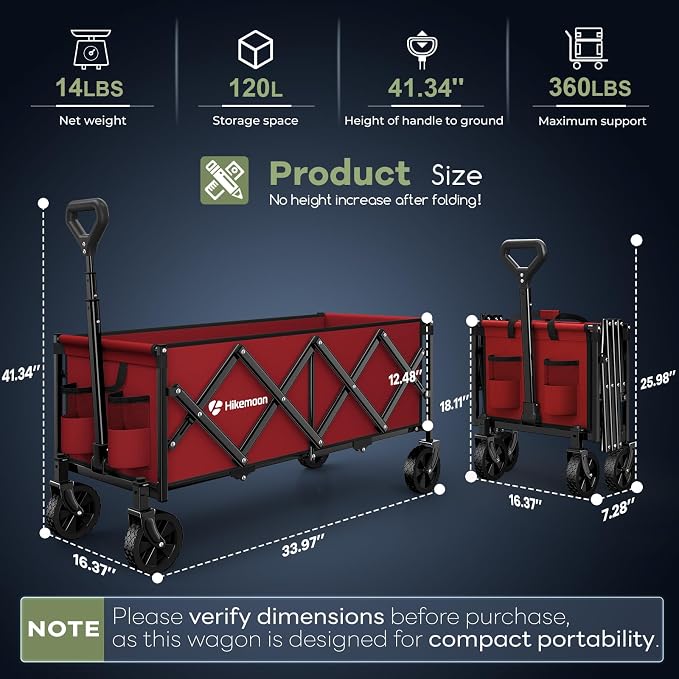 Hikemoon 34'' Extra Long Collapsible Wagons Carts Foldable, 360LBS Heavy Duty Folding Beach Wagon with Wheels, Portable Utility Outdoor Cart for Grocery, Garden, Sports, Camping, Red