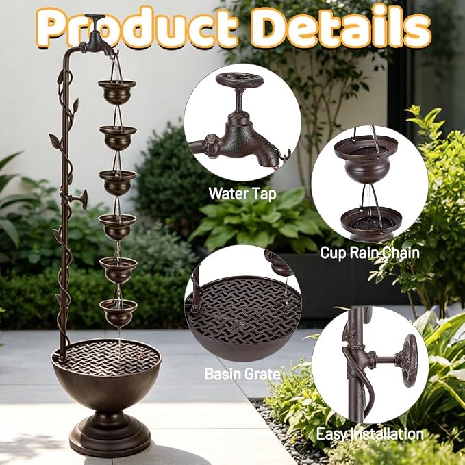 39" Tiered Water Fountain Outdoor 6 Hanging Cups Vintage Waterfall Fountain, Rustic Metal Outside Water Fountain for Garden Patio Yard Porch Decor