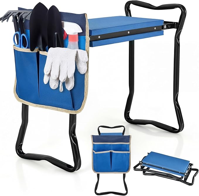 Giantex Garden Kneeler & Seat, Folding Gardening Stool, Portable Garden Bench with EVA Foam Pad, Heavy-Duty Metal Frame, Gardening Tool for Women Men Seniors, Holds 330 LBS, Blue (with 1 Bags)