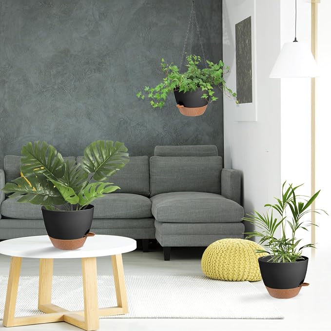 Vanslogreen Hanging Planters for Indoor Outdoor Plants, 1 Set Self Watering Hanging Pot with Drainage Holes & Removable Tray, Black, 12 Inch