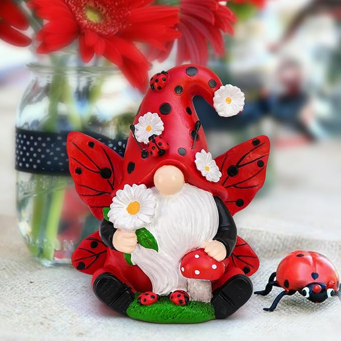 Ladybug Gnome Garden Decor, Fairy Garden Gnome Figurine with Flowers, Spring Summer Outdoor Decorations for Yard Lawn Patio, Ladybug Gifts for Women