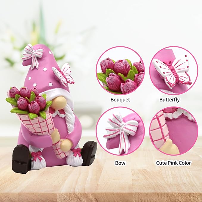Spring Summer Gnomes Decorations for Home Office - Resin Pink Garden Gnomes with Butterfly Tulip - Retirement Gifts for Women Tiered Tray Decor