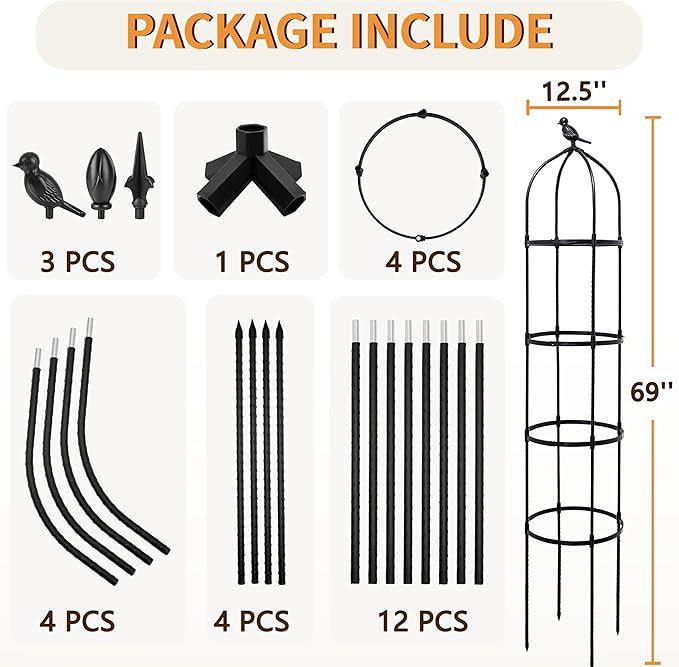 1 Pack Garden Obelisk Trellis for Climbing Plants Outdoor, 6FT Adjustable Metal Plant Support with 3 Decorative Tops, Black Rustproof Trellis for Roses, Tomatoes, Clematis & Vines