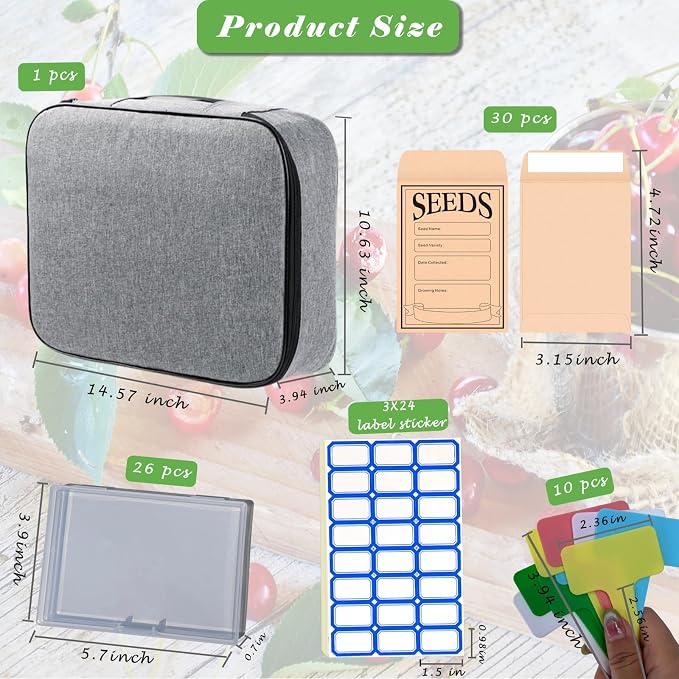 26 Clear Seed Storage Organizer Boxes with 3-Tier Moisture-proof Bag Gray that holds 200 Packets, Seed Saving kit with Labels, Markers for Gardeners, Hobbyists to store various seeds long-term
