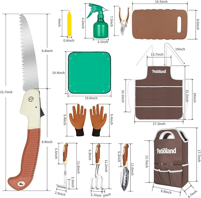 Brown Garden Tool Sets, Gardening Hand Tools Kit with Non-Slip Ergonomic Handle, Storage Tote Bag, Gardening Gloves, Apron, Repotting Mat & Spray Bottle, Gardening Gift for Women Men