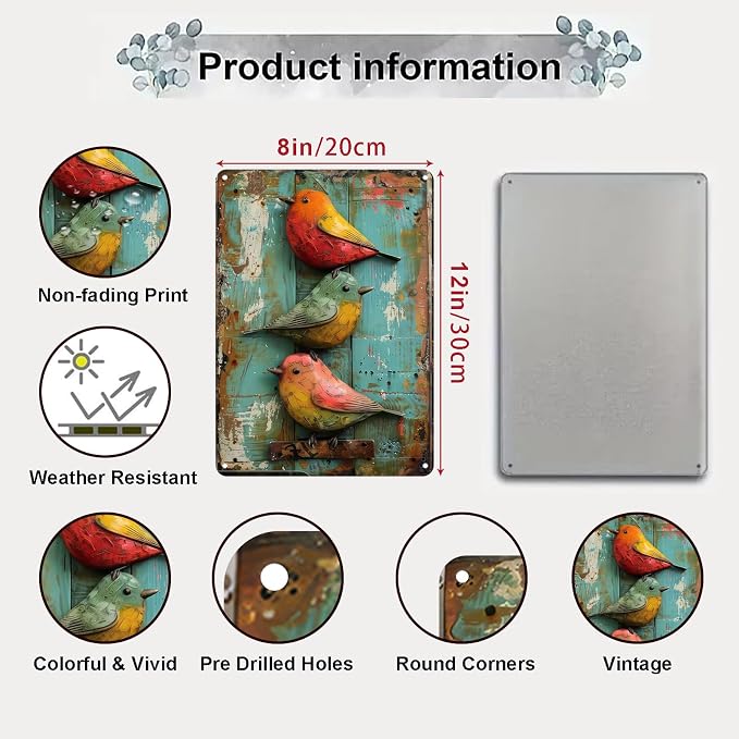 Vintage Cute Birds Metal Sign Retro Bird Tin Plate Wall Decor Rustic Tin Painting for Home Bedrooms Yard Bars Pubs Gardens Patios Porches 8x12 Inch （Non-3D Printing）