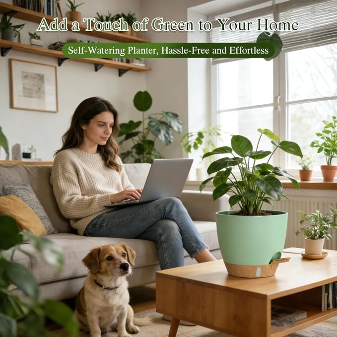Self Watering Pots with Drainage Holes, 2 Pack 8 Inch Plant Pots with Water Level Indicator Deep Reservoir, Large Plastic Planter for Indoor Outdoor Plants - Green Brown