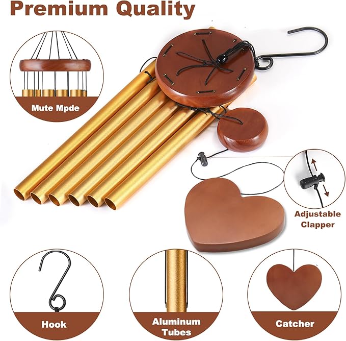 Gold Metal Wind Chimes Outdoor Large, Elegant Aluminum Tubes with Deep Tone, Modern Decorative Hanging Wind Chime for Garden Patio Porch Balcony Yard Home Decor