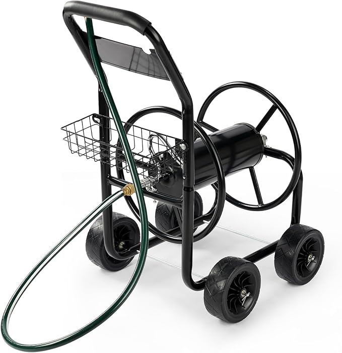 VINGLI 300FT 5/8in Garden Hose Reel Cart, 4-Wheel Portable Residential Hose Reel Cart, Hose Guide System with Storage Basket, Rust Resistant, for Family Yard, Garden and Farm (Black)
