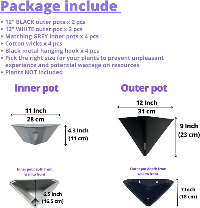 LaLaGreen Wall Planters for Indoor Plants - 4 Pack, 12 Inch Large Self Watering Black and White Mixed Color Geometric Indoor Vertical Garden Wall Hanging Flower Vase Vessel with Metal Hanger Stylish