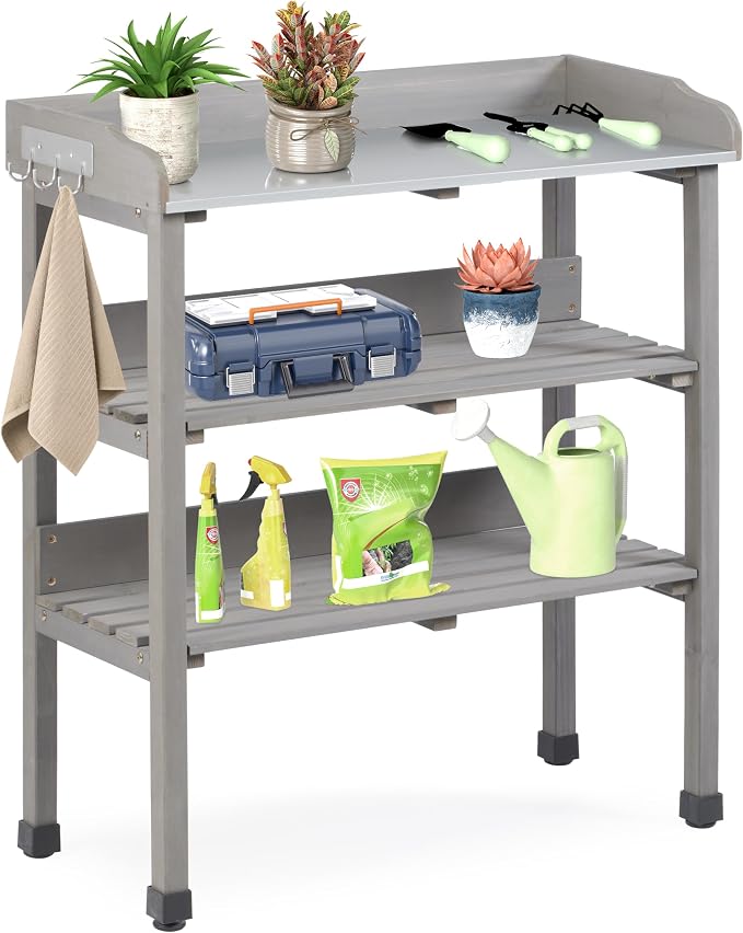 Outdoor Wooden Potting Bench Table, Garden Wood Workstation Planting Table with Metal Top, Storage Shelf, and 3 Hooks for Gardening, Grey