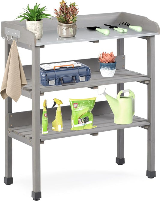 Outdoor Wooden Potting Bench Table, Garden Wood Workstation Planting Table with Metal Top, Storage Shelf, and 3 Hooks for Gardening, Grey