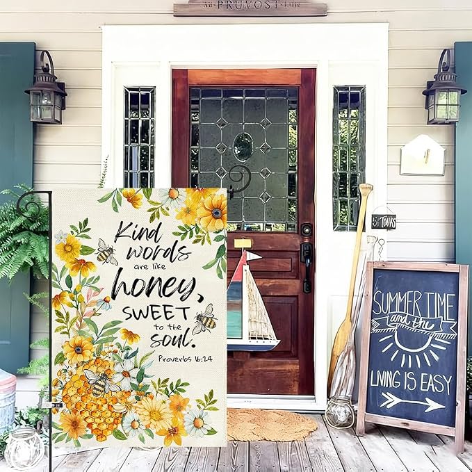 Baccessor Summer Bee Garden Flag 12.5x18 Inch Double Sided Burlap, Kind Word Honey Sweet Yellow Floral Flowers Holiday Front Yard Lawn Outdoor Outside Decoration