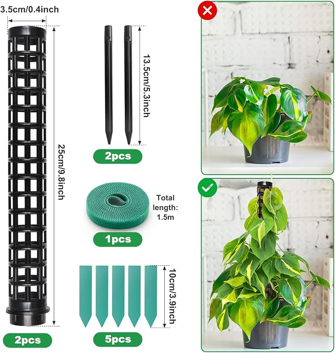 Moss Pole for Climbing Plants Monstera, Indoor Plant Supports, Plastic Moss Stick, Plant Stake for Garden, Extension Aid Climbing Rob (Black, 2pcs 10inch)