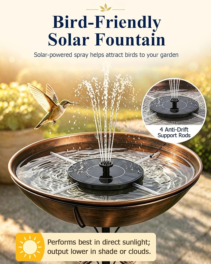 Metal Bird Bath with Solar Fountain for Outside, 3" Deep Removable Birdbaths Bowl with Metal Ground Stake, Easy to Clean Outdoor Bird Bath for Garden Yard Lawn Decor, 1.4 Gallon