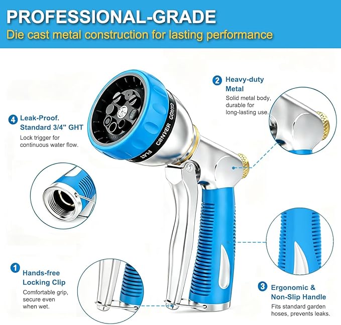 FANHAO Heavy Duty Garden Hose Nozzle, 100% Metal Water Nozzle with 8 Spray Patterns, High Pressure Hose Sprayer with Non-Slip Grip for Plants Watering, Cars Washing & Pets Bathing
