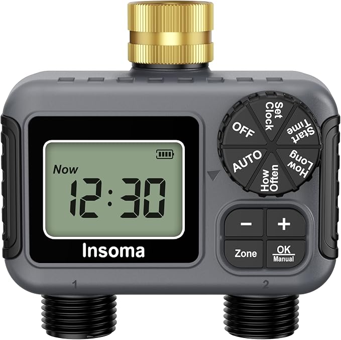 Insoma Hose Timer 2 Zones Brass Inlet, Water Timer for Garden Hose, Sprinkler Timers with Rain Delay/Manual/Auto Mode, Faucet Timers 2 Outlet for Garden Watering, Lawn, Yard