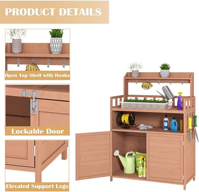 Outdoor Potting Bench with Storage,Wood Gardening Table for Planting,Outside Patio Garden Work Tables with Large Storage Cabinet & Top Shelf