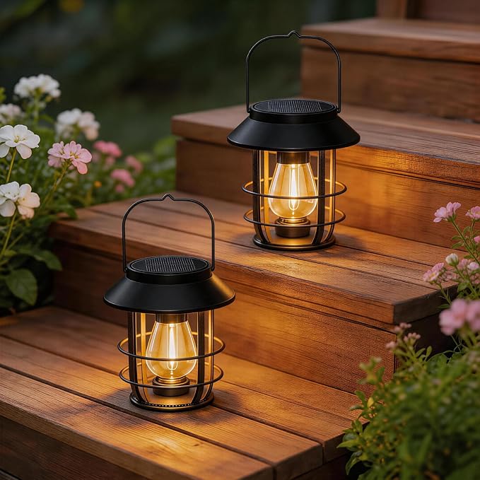 Solar Lanterns Outdoor Waterproof, High Brightness Hanging Solar Lights for Outside with Wall Hooks, Christmas Decor Retro Metal Outdoor Lanterns Auto On/Off for Patio, Yard Decor, Black, 2Pack