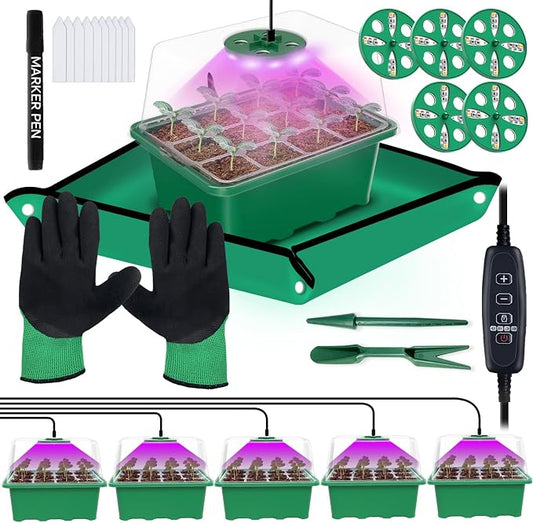 5-Pack Seed Starter Tray with Grow Light (Value Pack), 60 Cells, Friendly Seed Starter Kit for Beginners, Adjustable Brightness & Timing, Easy-to-Use Gardening Set for Seeds Germination