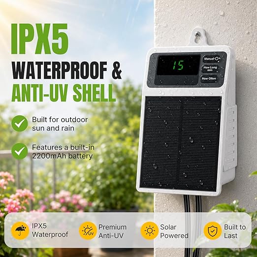 Mcbazel Solar Automatic Drip Irrigation Kit, USB-C & Solar-Powered Plant Waterer for 10 Potted Plants, Auto Watering System with Timer & Anti-Siphon, IPX5 Waterproof for Indoor Outdoor Vacation