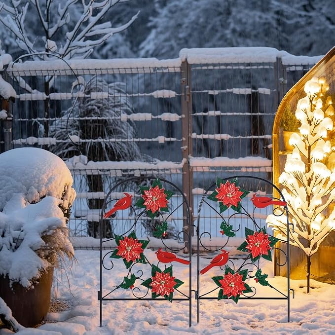 hogardeck Outdoor Christmas Decorations, 2 Pcs Metal Fence Floral Decorative Garden Stakes with Poinsettia Red Birds for Christmas Decor, Yard Signs for Garden Lawn Patio Home