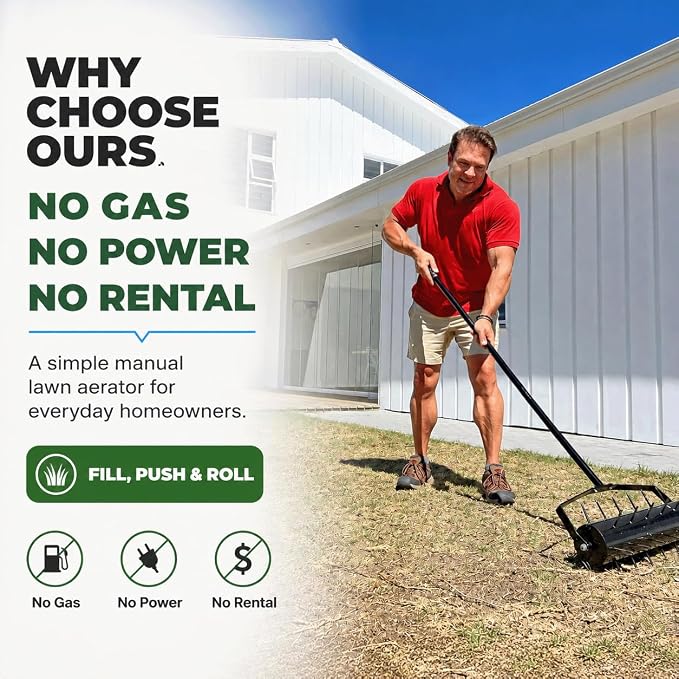 Manual Roller Lawn Aerator with Pre-Attached Spikes, Easy-to-Assemble | Designed For Seasonal Lawn Care, Heavy-Duty Roller with Adjustable Weight, Pre-Attached Spikes, and Easy Assembly
