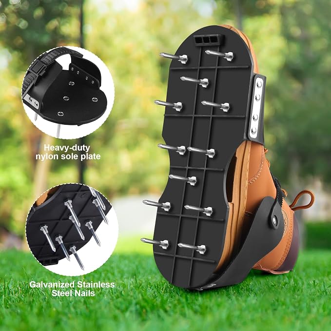 Lawn Aerator Shoes, Aerator Shoes with Adjustable Loop Strap and Snap-On Buckle, with 26 Stainless Steel Nails Lawn Aerator Shoes for Lawn Soil Aeration for Patios, Gardens, Lawns (Black)