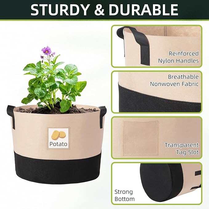LITLANDSTAR 3 Gallon Fabric Grow Bags, 10 Pack Heavy Duty Thickened Nonwoven Plant Grow Bags with Handles and Label Bags, Fabric Plant Pots for Growing Vegetables Flowers Herbs (Black Mixed Camel)