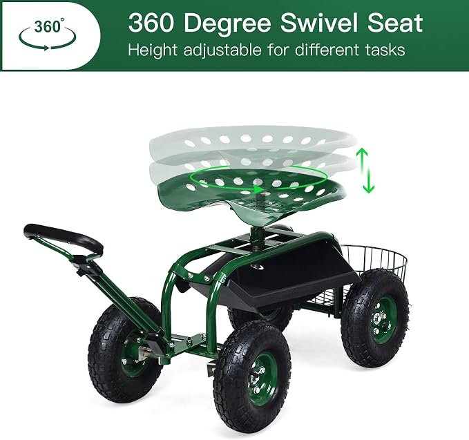 Giantex Rolling Garden Cart with Seat, 4-Wheel Gardening Workseat with Storage Basket, Swivel Stool Adjustable Seat, Steering Handle, Garden Utility Cart, Steel Frame (Green)