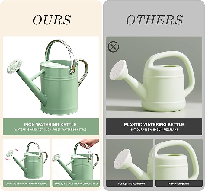 Metal Watering Can for Outdoor and Indoor Plants, Watering Can Decor, 1 Gallon (Cream Green)