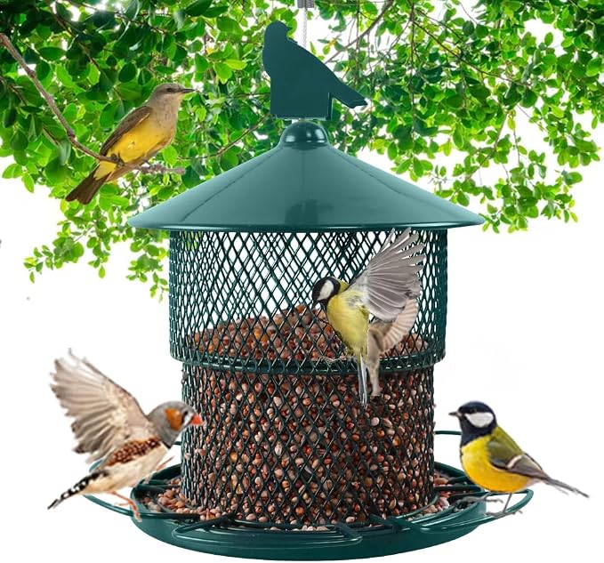 Metal Bird Feeder for Outside, Hanging Bird Feeders Squirrel Proof, 4 Lbs Capacity Iron Mesh Durable Wild Outdoor Birdfeeder with 6 Perches for Finch Cardinals,Gifts for Birds Lovers- Green